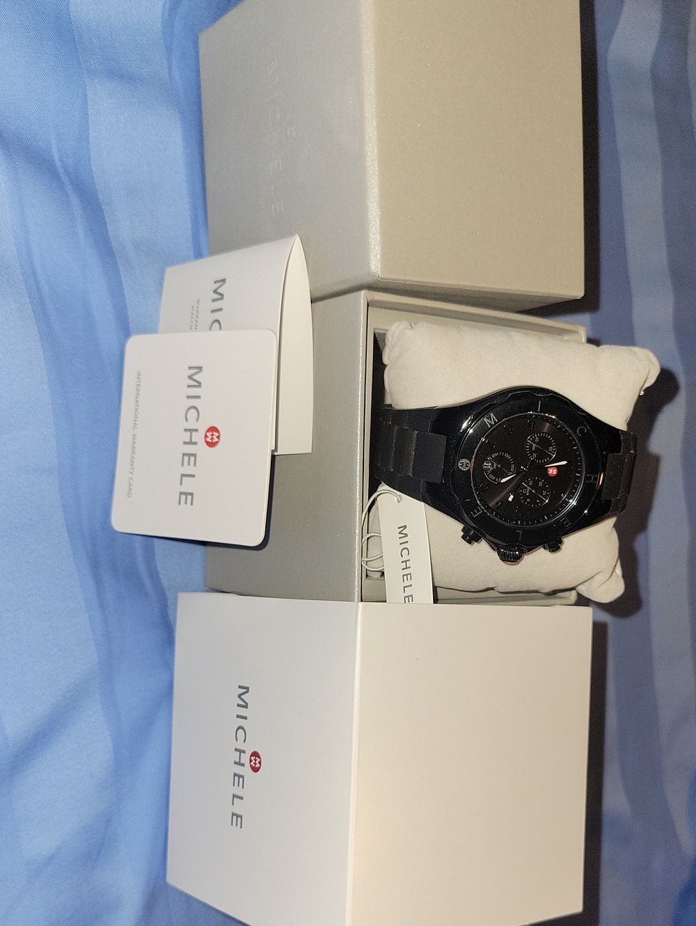 Michele Men's Black Chronograph Bracelet Watch with Red Accent